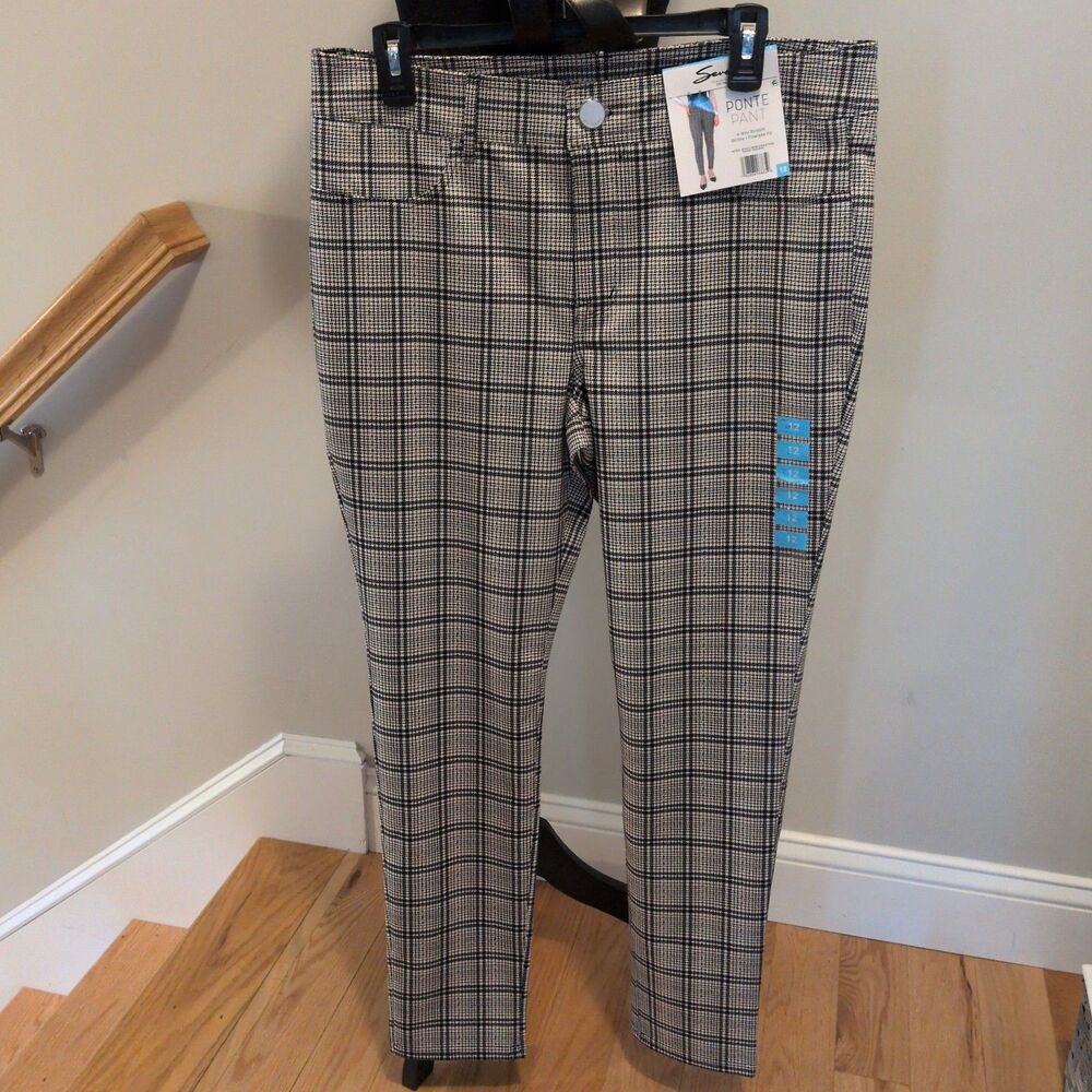 NWT Seven7 Women's 4-Way Stretch Skinny Ponte Pants Plaid Houndstooth 12